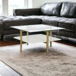 Goldoma 32 inch white and gold glass and steel square coffee table with shelf modern living room furniture