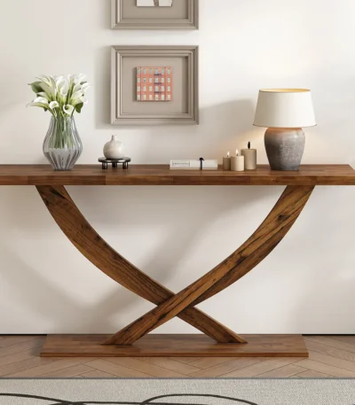 Goldoma Modern Rustic Console Table with cross-leg design in oak finish - solid wood and MDF rustic console table for entryway or living room