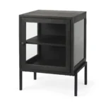 Goldoma 26 inch solid wood end table with black metal base, brown wood top, square shape, modern design for living room