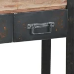 Goldoma narrow console table with drawers in solid oak and black metal sled base, placed in an entryway with decor