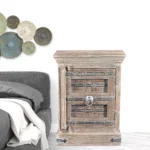White distressed solid wood nightstand with two drawers and open shelf