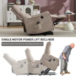Goldoma khaki chenille power lift recliner with massage and heat, showing the chair in upright position with soft fabric and side USB port