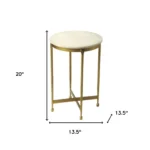 Antiqued gold and white marble round end table with distressed gold iron base and genuine marble top on white background