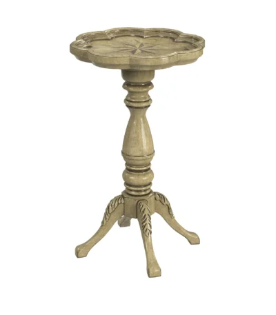 Goldoma 20-inch beige round end table with distressed rustic finish in a living room setting