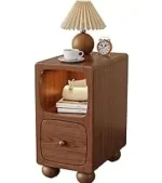 Solid beech wood nightstand with lower shelf - round modern end table for small spaces