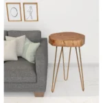 26 inch round end table with natural solid wood top, gold iron base, and convertible glass top by Goldoma