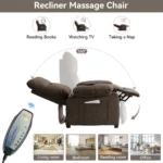 160° Manual Push Back Recliner, 8-point Massage & Heating, Chenille Fabric with Remote & Side Pockets, for Living Room, Brown - Image 2