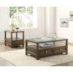 Goldoma brown adjustable console table with marble inset top and drawers in a modern living room setting
