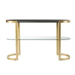 Goldoma 49 inch gray and gold oval console table with solid wood top and storage shelf in a living room