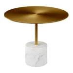 Gold round coffee table with white stone base - compact 17 inch accent table for living room