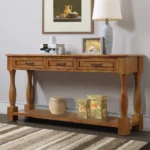 Goldoma 63-inch mid-century console table with 3 drawers and bottom shelf in brown, featuring solid wood legs and tapered design