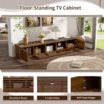 Modern wood TV stand for TVs up to 80 inches with cable management and soft-close hinges in a living room