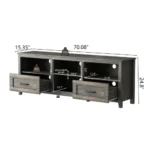 70-inch TV stand with black pine finish, featuring four open compartments and two drawers for media storage
