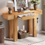 Goldoma solid oak console table with hidden drawer and built-in power outlet in a modern entryway