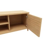 Goldoma mid-century modern bamboo TV stand with metal shelves for 60-64 inch TVs in a living room
