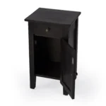 Natural brown solid wood end table with door and drawer for rustic living room storage