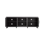 Goldoma 70 inch TV stand with black wood finish, featuring open cubbies and enclosed cabinets for storage, placed in a modern living room