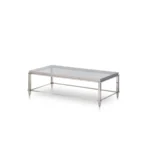 Goldoma 55-inch clear glass coffee table with silver steel frame in modern living room setting