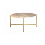 Goldoma 32 inch round genuine marble coffee table with brown marble top and gold metal base in living room setting