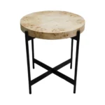 Goldoma 22-inch black and brown burl wood round end table with black metal base in a living room setting