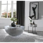 Goldoma 21 inch round end table with drawer - silver aluminum top and wood base side table