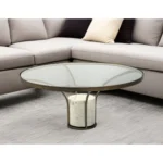 Goldoma 36-inch round pedestal coffee table with antiqued gold base and clear glass top