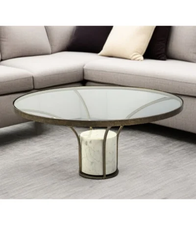 Goldoma 36-inch round pedestal coffee table with antiqued gold base and clear glass top