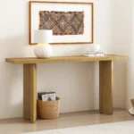 Goldoma modern console table with pine veneer and geometric legs in gray and black finish
