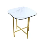 Goldoma white and gold end table with ceramic faux marble top and gold metal base in a modern living room setting