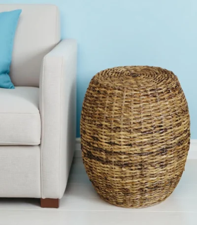 Goldoma natural rattan drum end table 20-inch woven banana leaf stool and ottoman in boho living room