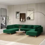 Goldoma U-shaped modular sofa set in green velvet with reclining seats in a modern living room