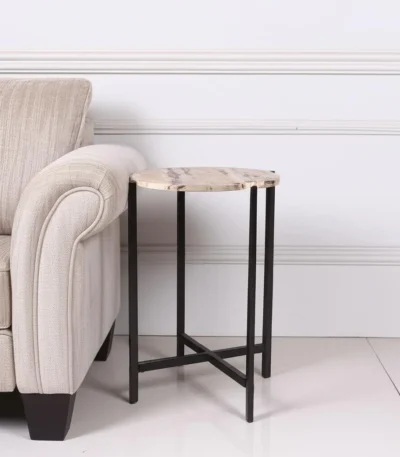 Goldoma brown tan marble round end table with black metal base in living room