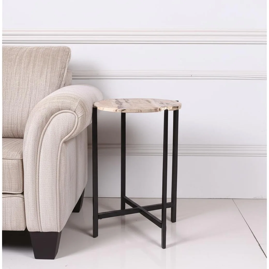 Hafc7ea9da9dc45f2b6aa89abfe5d20561.webp Goldoma brown tan marble round end table with black metal base in living room