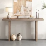 Modern oak veneer console table with distinctive side shapes in entryway