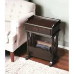 Rustic end table: small black wood side table with drawer and shelf