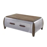 51-inch coffee table with drawer in brown solid wood and gray aluminum base