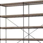 Goldoma industrial 5-tier bookcase 88 inches tall with black iron frame and brown wood shelves, in a living room