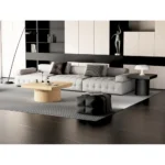 Goldoma nesting coffee table set with natural wood top and black base in modern living room