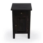 Natural brown solid wood end table with door and drawer for rustic living room storage