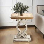 Rustic farmhouse end table with natural solid fir wood top and black metal base, ideal as side table
