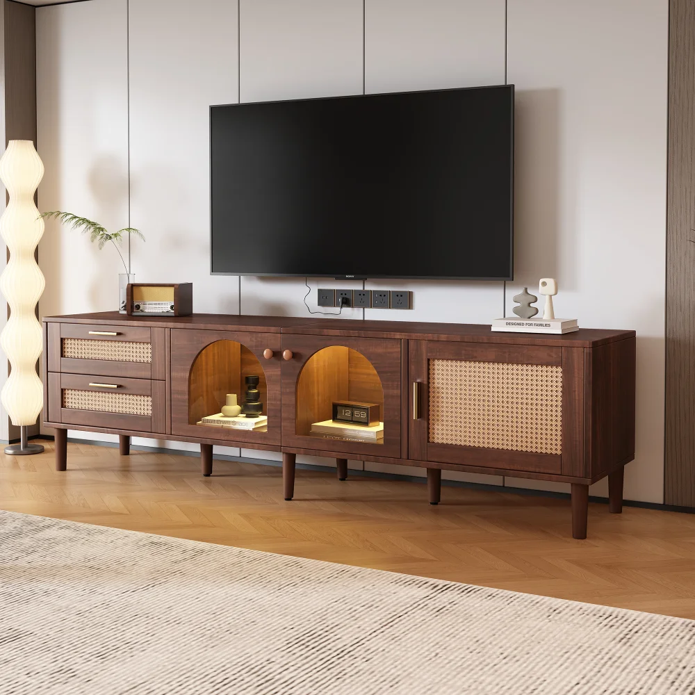 Hb19d67a8a16c407b8338a815c09a40a9o.webp Goldoma 70.8 inch brown large media console with rattan drawers and cable management for TVs up to 80 inches