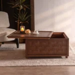 Farmhouse coffee table with storage solid wood square with shelf in brown finish