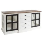 Goldoma 75 inch solid wood sideboard with 4 drawers and glass doors in distressed brown finish