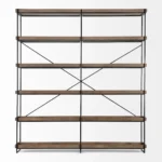 Goldoma industrial 5-tier bookcase 88 inches tall with black iron frame and brown wood shelves, in a living room