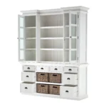 Goldoma 87" White Wood Bookcase with Glass Doors, Drawers & Baskets – base detail