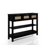 Farmhouse console table with 3 drawers and rattan shelves in entryway