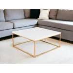 Goldoma 35-inch white and gold square coffee table with wood top and metal frame in modern living room