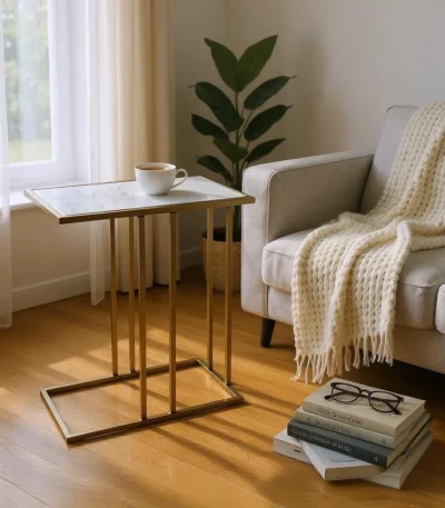 White marble end table with antiqued gold iron frame - Goldoma 26 inch accent table for living room