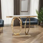 Modern marble console table with stainless steel frame in entryway