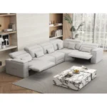 Goldoma modular power recliner sofa bed L-shaped sectional with adjustable headrests and pull-out bed in a modern living room